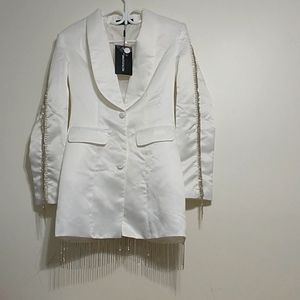 White satin oversized diamante trim blazer dress